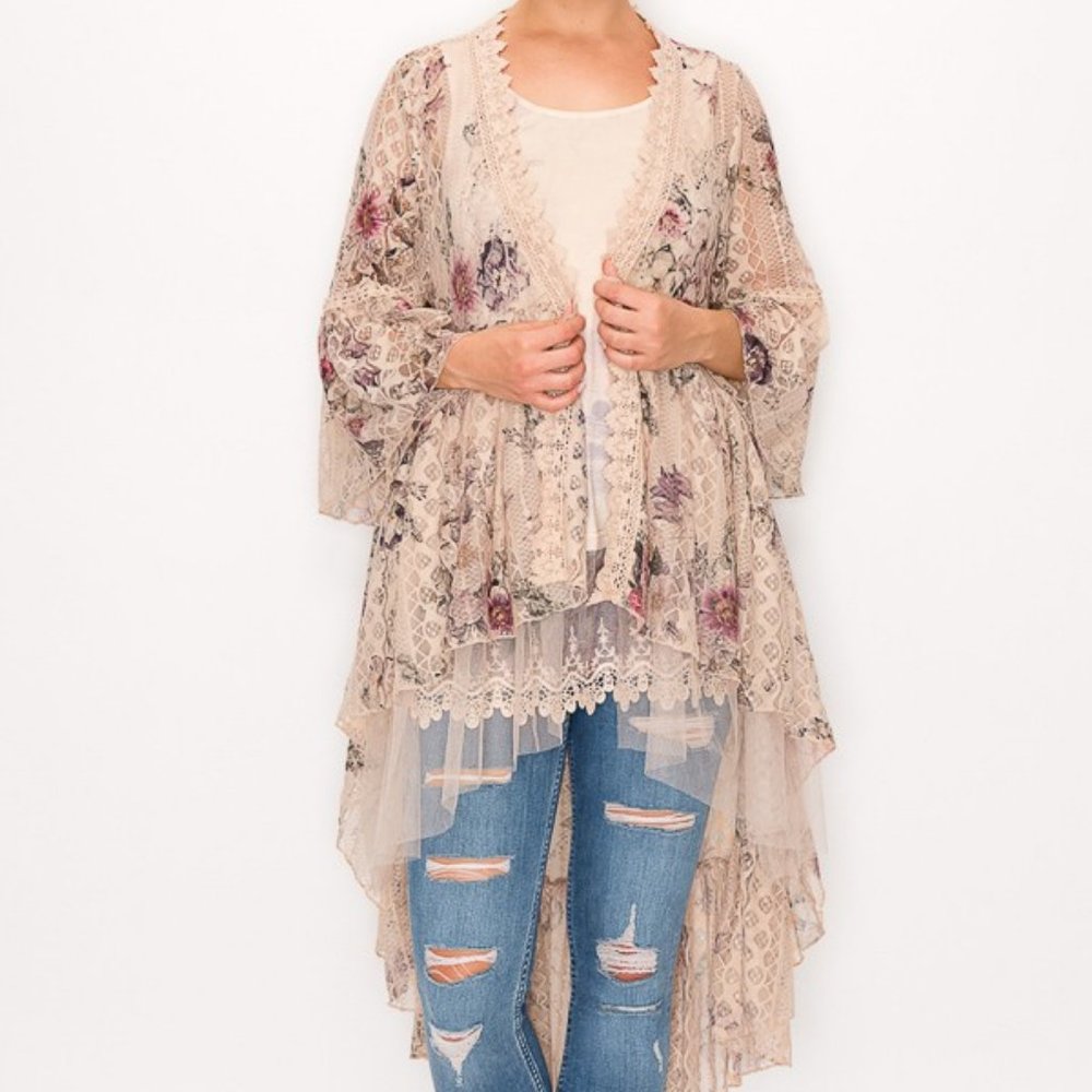 NEW ORIGAMI DESIGNER  FLORAL LACE Beige SM-4X bohemian western duster cardigan